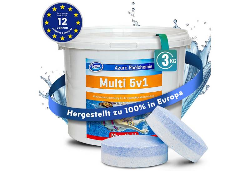 Azuro Chlortabletten 5 in 1 Chlor Multitabs 200g langsamlöslich für Pools, (1kg, 3kg, 5kg, Hergestellt in Europa), für kristallklares und hygienisches Poolwasser), langzeit Chlor Tabletten zur Reinigung und Desinfektion von Azuro