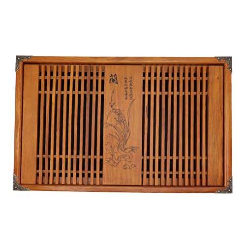 Azusumi Kungfu-Teetablett, Chinesisches Gongfu-Teetablett, Drainage-Wasserspeicher, Holz-Teetisch mit Abflussrohr (Gelbe Orchidee) von Azusumi