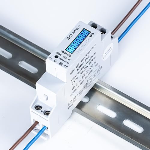 B+G E-Tech [DRS155] - LCD Digitaler Wechselstromzähler für Hutschiene, 1-Phasen Stromzähler Wattmeter mit Leistungsanzeige, S0, 1 TE, 230V 50A (DRS155B) von B+G E-Tech