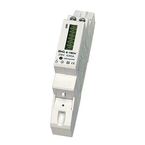 B+G E-Tech [DRS155] - LCD Digitaler Wechselstromzähler für Hutschiene, 1-Phasen Stromzähler Wattmeter mit Leistungsanzeige, S0, 1 TE, 230V 50A (DRS155D) von B+G E-Tech