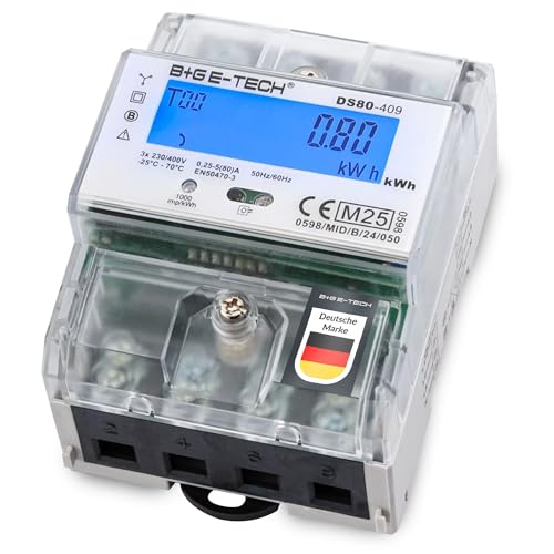 Drehstromzähler Hutschiene - DS80-409 MID - Digitaler Stromzähler mit LCD, IR Schnittstelle & S0 Ausgang - Stromverbrauchsmessgerät 3 Phasen 80A von B+G E-Tech