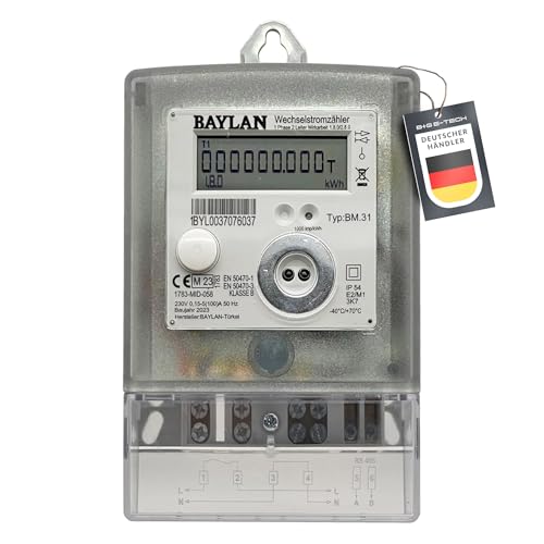 Zweirichtuns Wechselstromzähler [BM.31-MID25] geeichter Stromzähler, Direktmessend bis 100A, Zweirichtungszähler (1.8.0/2.8.0), Eintarifzählwerk, LCD-Anzeige, 12-Monats-Speicher mit Echtzeituhr (RTC) von B+G E-Tech