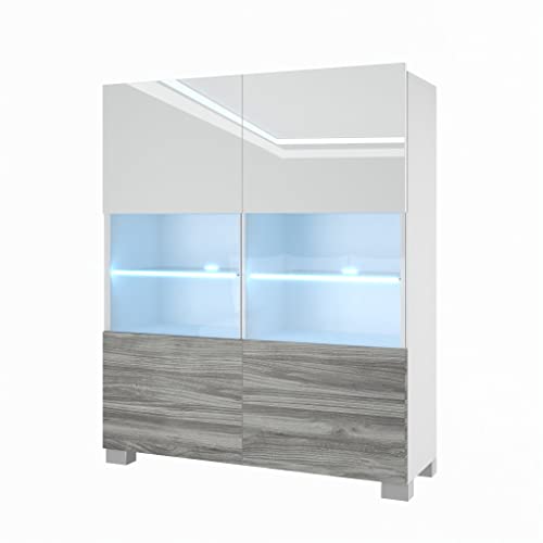 BELINI Kommode Sideboard Wohnzimmer Schlafzimmer Schrank Hochschrank mit LED-Leuchten Super-Soft-Touch-System zum sanften Schließen Aller Scharniere (Weiß/Glamour Holz) von B BELINI GROUP