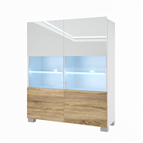 BELINI Kommode Sideboard Wohnzimmer Schlafzimmer Schrank Hochschrank mit LED-Leuchten Super-Soft-Touch-System zum sanften Schließen Aller Scharniere (Weiß/Sonoma Eiche) von B BELINI GROUP