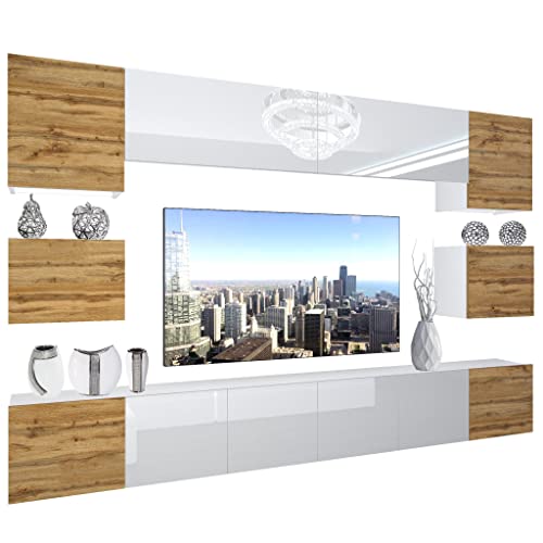 BELINI Wohnwand Vollausstattung Wohnzimmer-Set Moderne Schrankwand mit LED-Beleuchtung Anbauwand TV-Schrank Eiche Wotan/Weiß von B BELINI GROUP