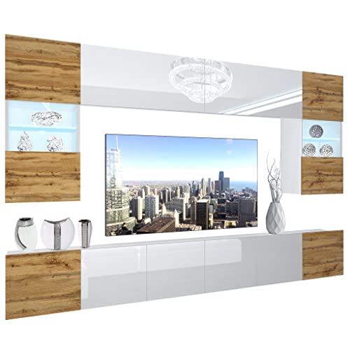 BELINI Wohnwand Vollausstattung Wohnzimmer-Set Moderne Schrankwand mit LED-Beleuchtung Anbauwand TV-Schrank Eiche Wotan/Weiß von B BELINI GROUP