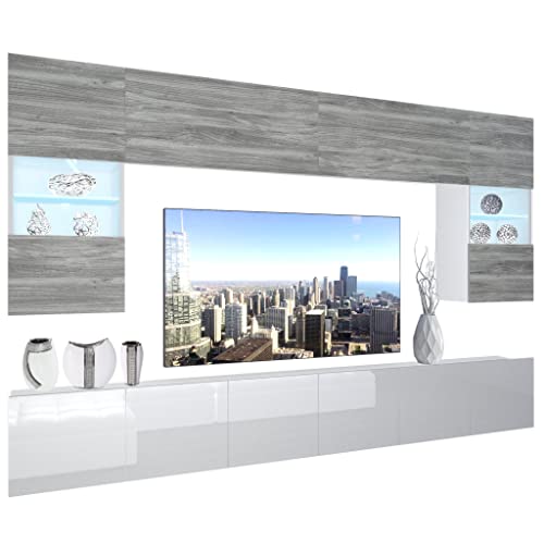 BELINI Wohnwand Vollausstattung Wohnzimmer-Set Moderne Schrankwand mit LED-Beleuchtung Anbauwand TV-Schrank Glamour Holz/Weiß von B BELINI GROUP