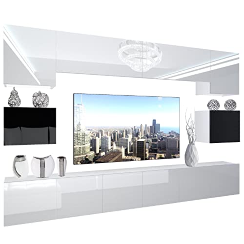 BELINI Wohnwand Vollausstattung Wohnzimmer-Set Moderne Schrankwand mit LED-Beleuchtung Anbauwand TV-Schrank Weiß/Schwarz von B BELINI GROUP