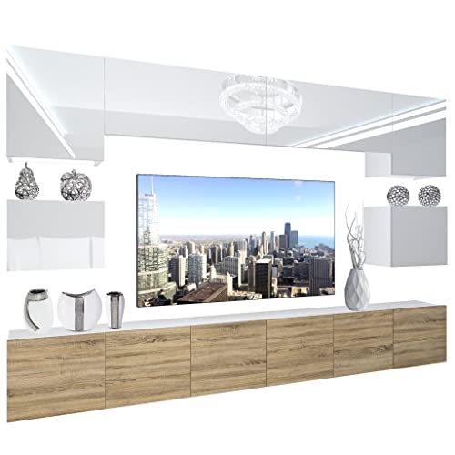 BELINI Wohnwand Vollausstattung Wohnzimmer-Set Moderne Schrankwand mit LED-Beleuchtung Anbauwand TV-Schrank Weiß/Sonoma Eiche von B BELINI GROUP