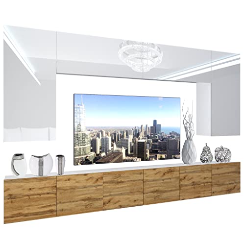 BELINI Wohnwand Vollausstattung Wohnzimmer-Set Moderne Schrankwand mit LED-Beleuchtung Anbauwand TV-Schrank Weiß Top/Eiche Wotan von B BELINI GROUP