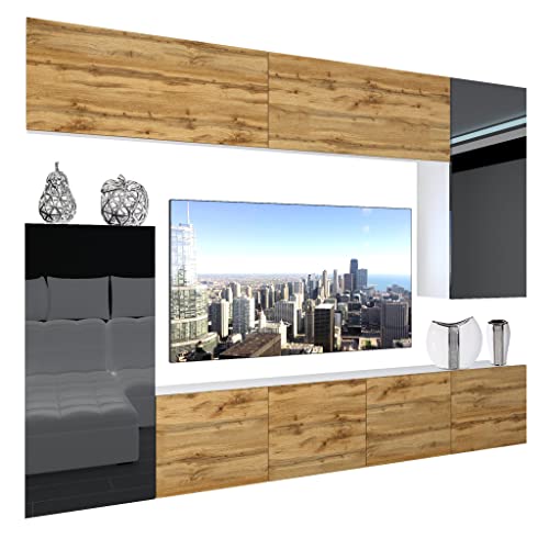 BELINI Wohnwand Vollausstattung Wohnzimmer-Set Moderne Schrankwand mit LED-Beleuchtung Anbauwand TV-Schrank Wotan Eiche/Schwarz von B BELINI GROUP