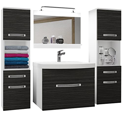 Belini Badezimmer Badmöbel Set Vollausstattung mit Waschbecken Unterschrank Waschtisch Spiegel Lampe Möbel Königliches Ebenholz Matt von B BELINI GROUP