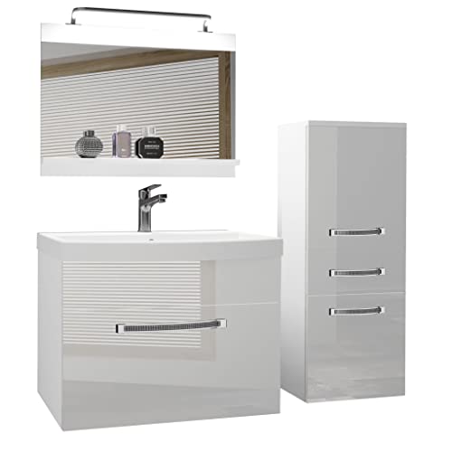 Belini Badezimmer Badmöbel Set Vollaustattung mit Waschbecken Unterschrank Waschtisch Spiegel Lampe Weiß, Glänzend von B BELINI GROUP