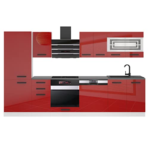 Belini Küchenzeile Küchenblock Cindy - Küchenmöbel 300 cm Einbauküche Vollausstattung ohne Elektrogeräten mit Hängeschränke und Unterschränke, mit Arbeitsplatten, Rot Hochglanz von B BELINI GROUP