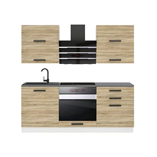 Belini Küchenzeile Küchenblock Emily - Küchenmöbel 180 cm Einbauküche Vollausstattung ohne Elektrogeräten mit Hängeschränke und Unterschränke, ohne Arbeitsplatten, Sonoma-Eiche von B BELINI GROUP