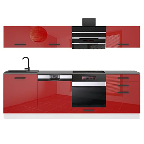 Belini Küchenzeile Küchenblock Linda - Küchenmöbel 240 cm Einbauküche Vollausstattung ohne Elektrogeräten mit Hängeschränke und Unterschränke, mit Arbeitsplatten, Rot Hochglanz von B BELINI GROUP