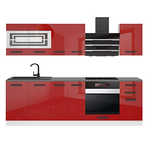 Belini Küchenzeile Küchenblock Margaret - Küchenmöbel 240 cm Einbauküche Vollausstattung ohne Elektrogeräten mit Hängeschränke und Unterschränke, mit Arbeitsplatten, Rot Hochglanz von B BELINI GROUP