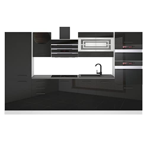 Belini Küchenzeile Küchenblock Mila - Küchenmöbel 300 cm Einbauküche Vollausstattung ohne Elektrogeräten mit Hängeschränke und Unterschränke, ohne Arbeitsplatten, Schwarz Hochglanz von B BELINI GROUP