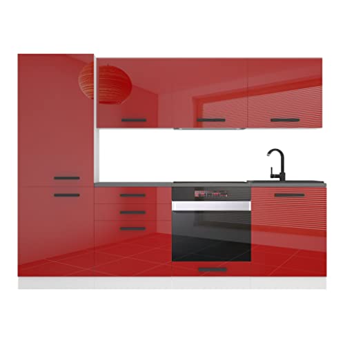 Belini Küchenzeile Küchenblock Sandy - Küchenmöbel 240 cm Einbauküche Vollausstattung ohne Elektrogeräten mit Hängeschränke und Unterschränke, ohne Arbeitsplatten, Rot Hochglanz von B BELINI GROUP