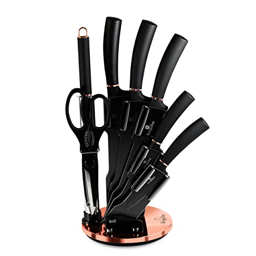 Berlinger Haus Black Rose Professionelles Küchenmesser-Set 8-Teilig, Edelstahl, Antihaftbeschichtung, Acrylhalter, Kochmesser, Zwiebelmesser, Santoku-Messer, Wetzstahl, Schere, Modernes Design von Berlinger Haus