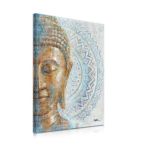 B BLINGBLING Goldener Buddha-Leinwandkunst: 3D-Mandala-Blume, Blüte, Buddha-Gemälde, Zen-Druck, Bild auf Blau, für Yoga, Meditationsraum, Schlafzimmer, gerahmt und fertig zum Aufhängen, 30 x 40 cm von B BLINGBLING