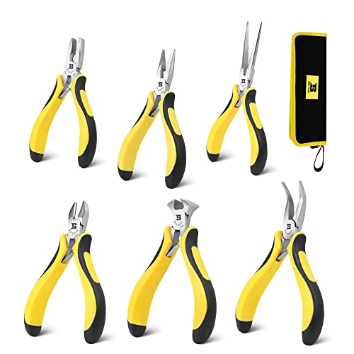 B BOSI TOOLS 6-teiliges Mini-Zangen-Set, bestehend aus Spitzzange, Diagonalzange, gebogene Spitzzange, Endschneider und Linienmanzange, mit Aufbewahrungstasche von B BOSI TOOLS