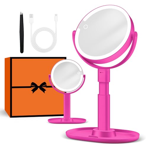 B Beauty Planet Beleuchteter Makeup Spiegel 30X Vergrößerungsspiegel mit 3 Farblicht, dimmbare LED & höhenverstellbar - Kosmetikspiegel 2-seitig für Badezimmer - Geschenk für Frauen Magenta von B Beauty Planet