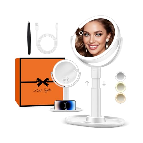B Beauty Planet Beleuchteter Makeup Spiegel 30X Vergrößerungsspiegel mit 3 Farblicht, dimmbare LED & höhenverstellbar - Kosmetikspiegel 2-seitig für Badezimmer - Geschenk für Frauen Weiß von B Beauty Planet