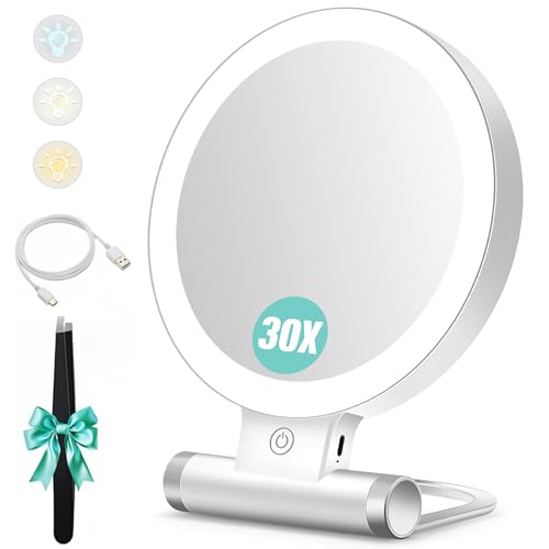 B Beauty Planet Kosmetikspiegel mit Beleuchtung, 30 fache/1-fach Doppelseitige Tischspiegel,3 Farblichter, DimmbarerSchminkspiegel,Reisen Kosmetik Spiegel mit Beleuchtung(Weiß 30x Kosmetikspiegel) von B Beauty Planet