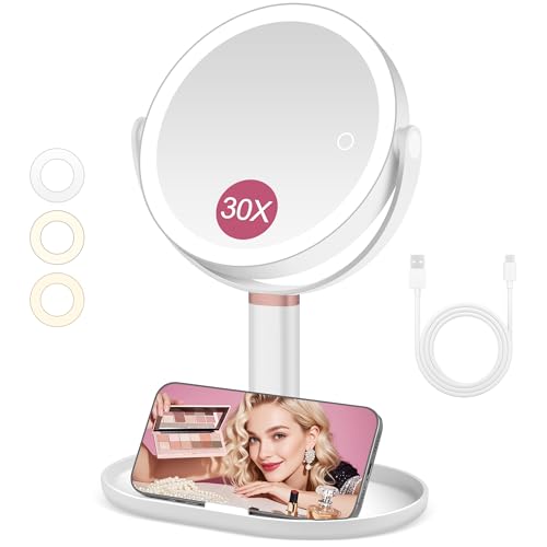 B Beauty Planet 20cm 30 Fach Spiegel, Kosmetikspiegel mit Beleuchtung Vergrößerungsspiegel mit Licht, Dreifarbiger Lichtmodus Helligkeit/Höhe Einstellbar (20cm Große Spiegel-Weiß) von B Beauty Planet