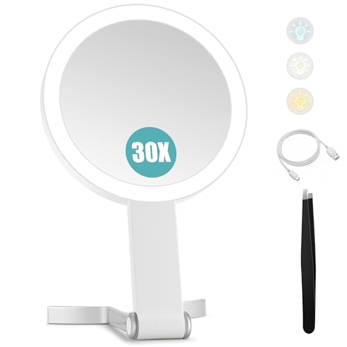 B Beauty Planet Reisespiegel mit 30-facher/1-facher Vergrößerung, doppelseitig wiederaufladbar, einstellbare Helligkeit, 3-farbige Beleuchtung, faltbar, Handheld/Hängen/Tischplatte, 3 Möglichkeiten von B Beauty Planet