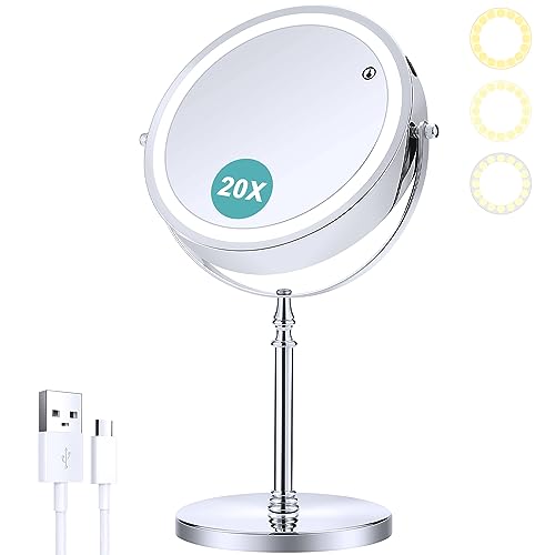 B Beauty Planet Schminkspiegel mit Beleuchtung, 1fach /20fach doppelseitiger Vergrößerungsspiegel,dimmbar, LED Schminkspiegel mit 3 Farb-Beleuchtungsmodi,20CM von B Beauty Planet