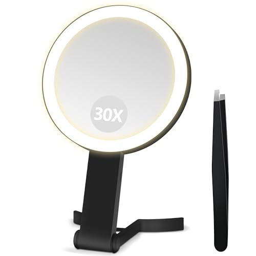 B Beauty Planet Vergrößerungsspiegel mit Licht, Doppelseitiger 30X/1X Vergrößerungsspiegel, Reise-Schminkspiegel mit 3 farbigen Lichtern, Faltbarer Makeup-Spiegel mit Tweezer, Handheld/Tabletop von B Beauty Planet