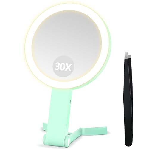 B Beauty Planet Vergrößerungsspiegel mit Licht, Doppelseitiger 30X/1X Vergrößerungsspiegel, Reise-Schminkspiegel mit 3 farbigen Lichtern, Faltbarer Makeup-Spiegel mit Tweezer, Handheld/Tabletop von B Beauty Planet