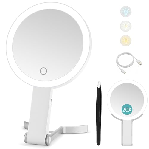 Kosmetikspiegel mit Beleuchtung,Reisespiegel mit Licht,Doppelseitiger Spiegel mit 20fach/1fach Vergrößerung,3 Farblichter,Dimmbarer Touchscreen Schminkspiegel,Faltbarer,Handheld/Hängend/Tischplatte von B Beauty Planet