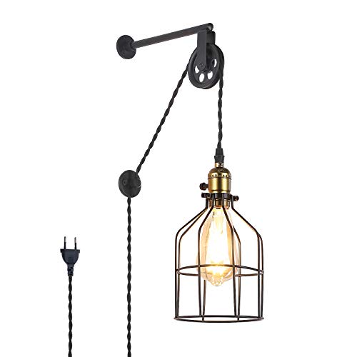 BarcelonaLED Retro Vintage-Stil Industrie Leuchte Eisen Wandleuchten mit Stecker Schalter Bronze Eisen Käfig Schatten Riemenscheibe Wandleuchte für Innenbeleuchtung Restaurant Bar Salon von B·LED BARCELONA LED