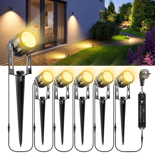 B-right 6er Gartenbeleuchtung mit Strom, 21m Gartenstrahler LED außen Wasserdicht IP65, Gartenleuchte mit Erdspieß und Stecker, 1800LM, Gartenlicht Gartenlampe Außenbeleuchtung für Garten Baum Rasen von B-right