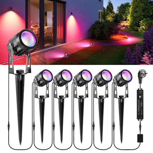 B-right 6er RGB Gartenbeleuchtung mit Strom, 21m RGB Gartenstrahler LED außen Wasserdicht IP65, Gartenleuchte mit Erdspieß und Stecker, Gartenlicht Gartenlampe für Garten Baum Rasen von B-right
