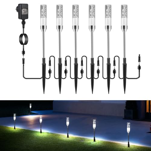B-right Gartenbeleuchtung 6er Set Gartenleuchte mit Erdspieß, Außenleuchte mit Stecker, Wegleuchte Gartenlampe mit Kabel, kaltweiß, 360lm, 6000K, IP65 Wasserdicht Außenbeleuchtung für Outdoor von B-right
