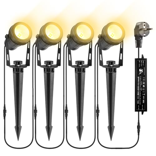 B-right Gartenbeleuchtung led außen, 4*3W Gartenbeleuchtung mit strom, IP65 wasserdicht Gartenstrahler mit erdspieß, Gartenleuchte mit stecker, Warmweiß,Wegbeleuchtung Gartenlampe für Rasen Teich Weg von B-right