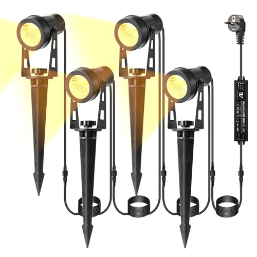 B-right Gartenbeleuchtung led außen, 4er Set Gartenbeleuchtung mit strom, IP65 wasserdicht Gartenstrahler mit erdspieß, Gartenleuchte mit stecker, Warmweiß, Wegbeleuchtung Gartenlampe für Rasen Weg von B-right