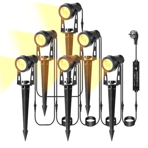 B-right Gartenbeleuchtung led außen, 6er Set Gartenbeleuchtung mit strom, IP65 wasserdicht Gartenstrahler mit erdspieß, Gartenleuchte mit stecker, Warmweiß, Wegbeleuchtung Gartenlampe für Rasen Weg von B-right