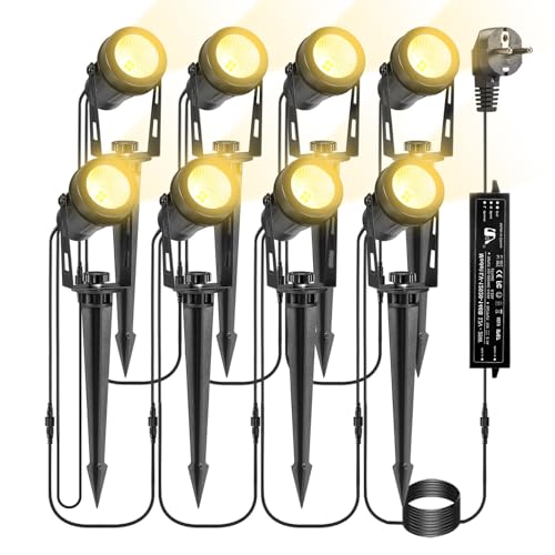 B-right Gartenbeleuchtung led außen, 8er Set Gartenbeleuchtung mit strom, IP65 wasserdicht Gartenstrahler mit erdspieß, Gartenleuchte mit stecker, Warmweiß, Wegbeleuchtung Gartenlampe für Rasen Weg von B-right