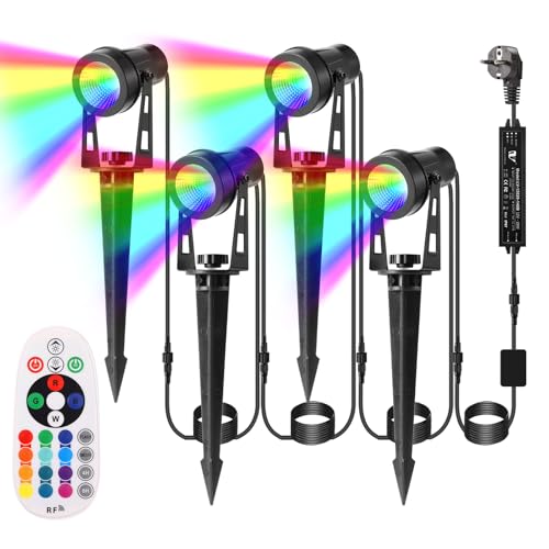 B-right RGB Gartenbeleuchtung mit Strom, 4er Gartenbeleuchtung LED außen mit Stecker, IP65 Wasserdicht Gartenstrahler mit erdspieß, Gartenleuchte mit Fernbedienung, Gartenlampe für Rasen Teich Weg von B-right
