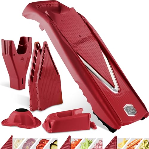Börner Gemüsehobel V5 (Profi Set) • Verstellbarer V-Hobel 7-teilig mit 10 Schnittarten • Gemüseschneider mit Edelstahl V-Klinge • Küchenhobel inkl. Dockingstation • Farbe: Rot von Börner