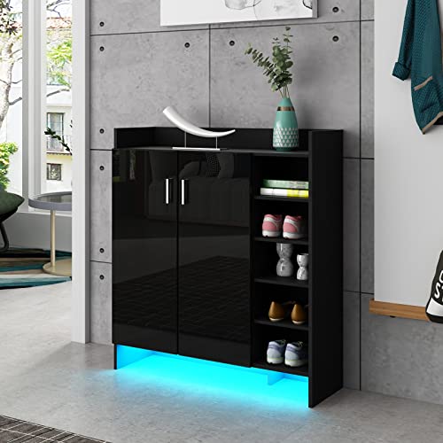 Schuhschrank Flurmöbel 2 Türen mit 4 Verstellbaren Einlegeböden Moderner Hochglanz Schrank Schuhregal Ständer Organizer mit LED-Licht, Schwarz Schuhschrank Flurmöbel 2 Türen mit 4 Verstellbaren Einlegeböden Moderner Hochglanz Schrank Schuhregal Ständer Organizer mit LED-Licht, Schwarz von B&D FACILITY MANAGEMENT GMBH