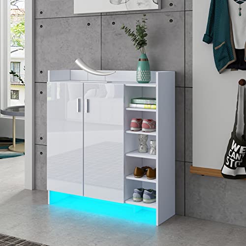 Schuhschrank Flurmöbel 2 Türen mit 4 Verstellbaren Einlegeböden Moderner Hochglanz Schrank Schuhregal Ständer Organizer mit LED-Licht, Weiß von B&D FACILITY MANAGEMENT GMBH