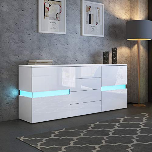 Sideboard Schrank Modern Wohnzimmer Anrichte Möbel 2 Türen 4 Schubladen Hochglanz TV Lowboard mit LED Licht 177x35x72cm - Weiß von B&D FACILITY MANAGEMENT GMBH