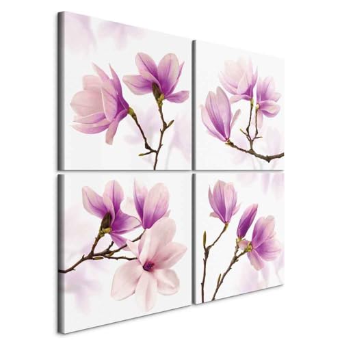 B&D XXL - Wandbilder Set Blumen 80x80 cm 4 Teilig je 40x40 Vlies Leinwandbild Kunstdruck modern Wandbilder XXL Wanddekoration Design Wand Bild mehrteilig Magnolien weiß lila von Cuadros B&D XXL