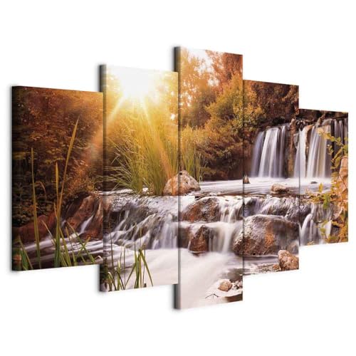 B&D XXL - Wandbilder XXL 100x50cm 5 tlg - Wand Deko Leinwand Bilder Groß Wanddeko Wohnzimmer Schlafzimmer Kunstdrucke - Natur Landschaft Wasserfall grün Bäume c-C-0026-b-o von Cuadros B&D XXL